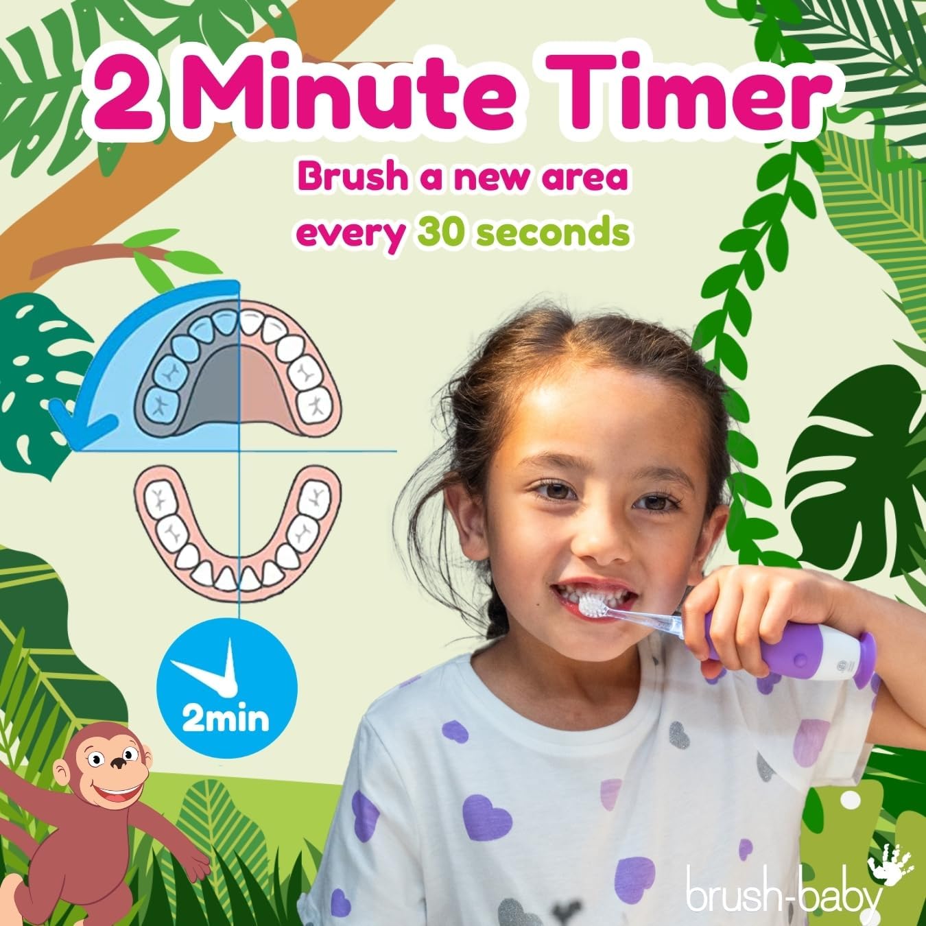 brush-baby WildOnes™ Rechargeable Kids Electric Toothbrush – Monkey | Flashing Lights, 2-Min Timer, Waterproof, 3 Brush Heads | Toddler & Child Toothbrush Ages 0-10 | Soft Bristles