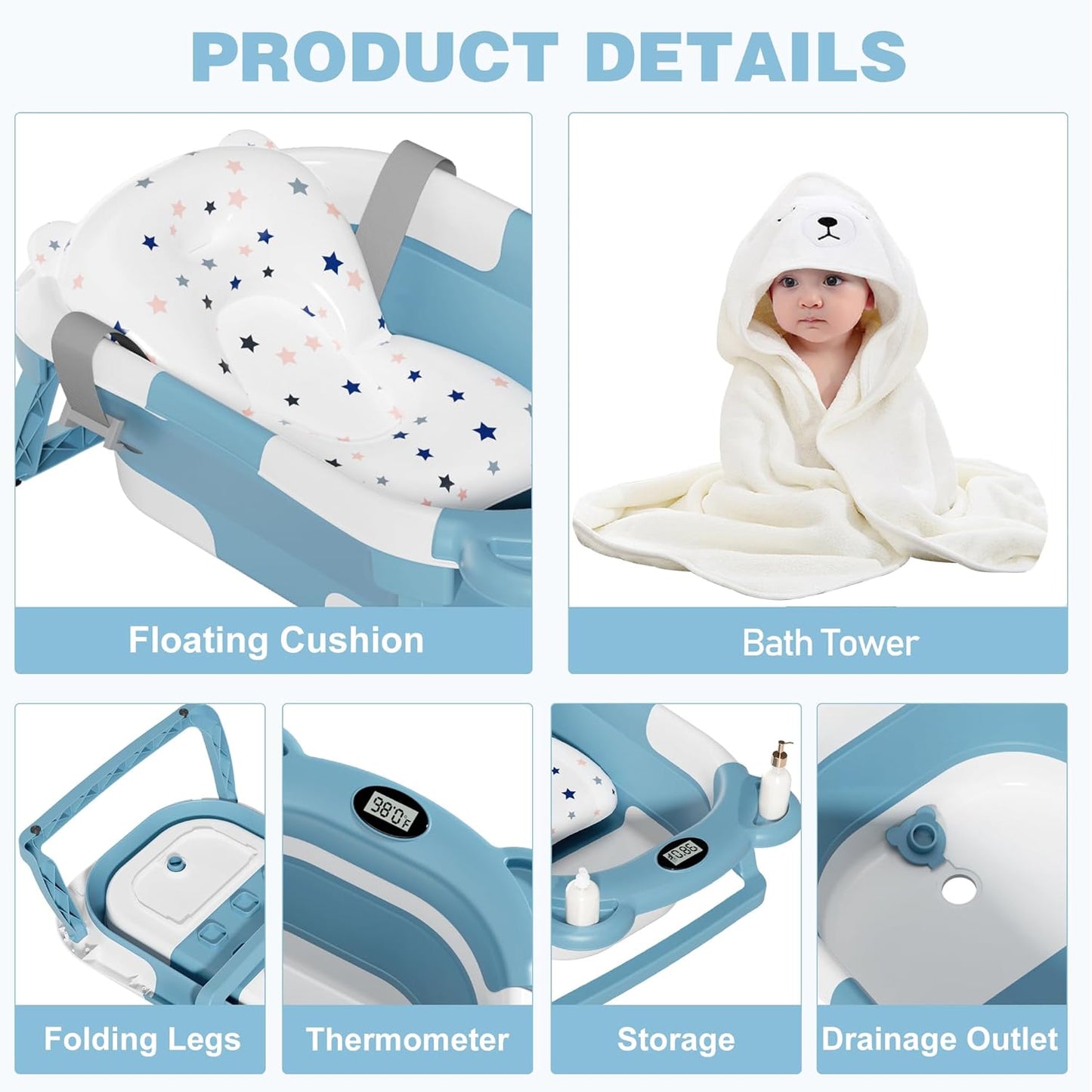 MoreFeel Collapsible Baby Bathtub for Newborn with Thermometer & 1 Hooded Towel & 1 Soft Floating Cushion,Portable Travel Bathtub with Drain Hole, Durable Foldable Baby Tubs for Infants to Toddler