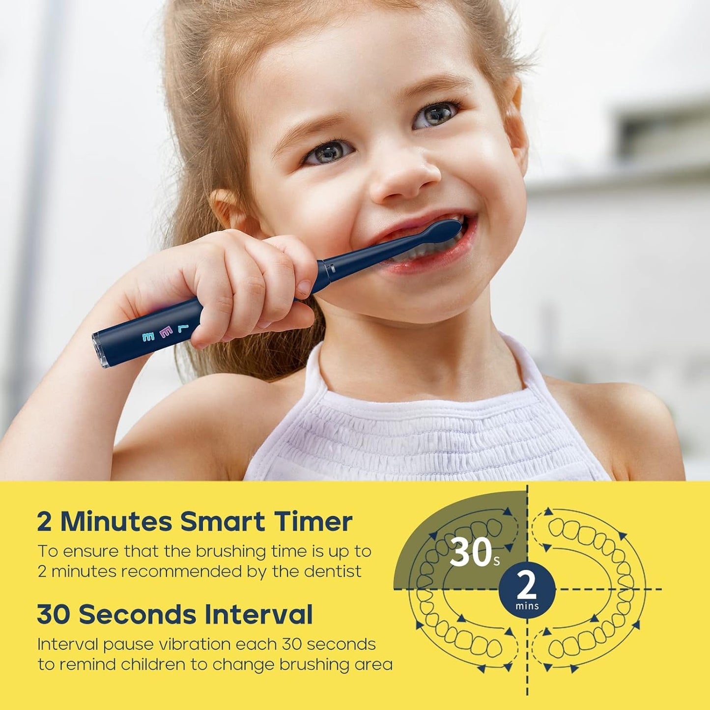 SEAGO Kids Electric Toothbrush, Sonic Soft Bristle Rechargeable Toothbrushes with DIY Stickers, 5 Modes, Includes 4 Replacement Brush Heads, Ages 3 to 12 Years Old (Navy)
