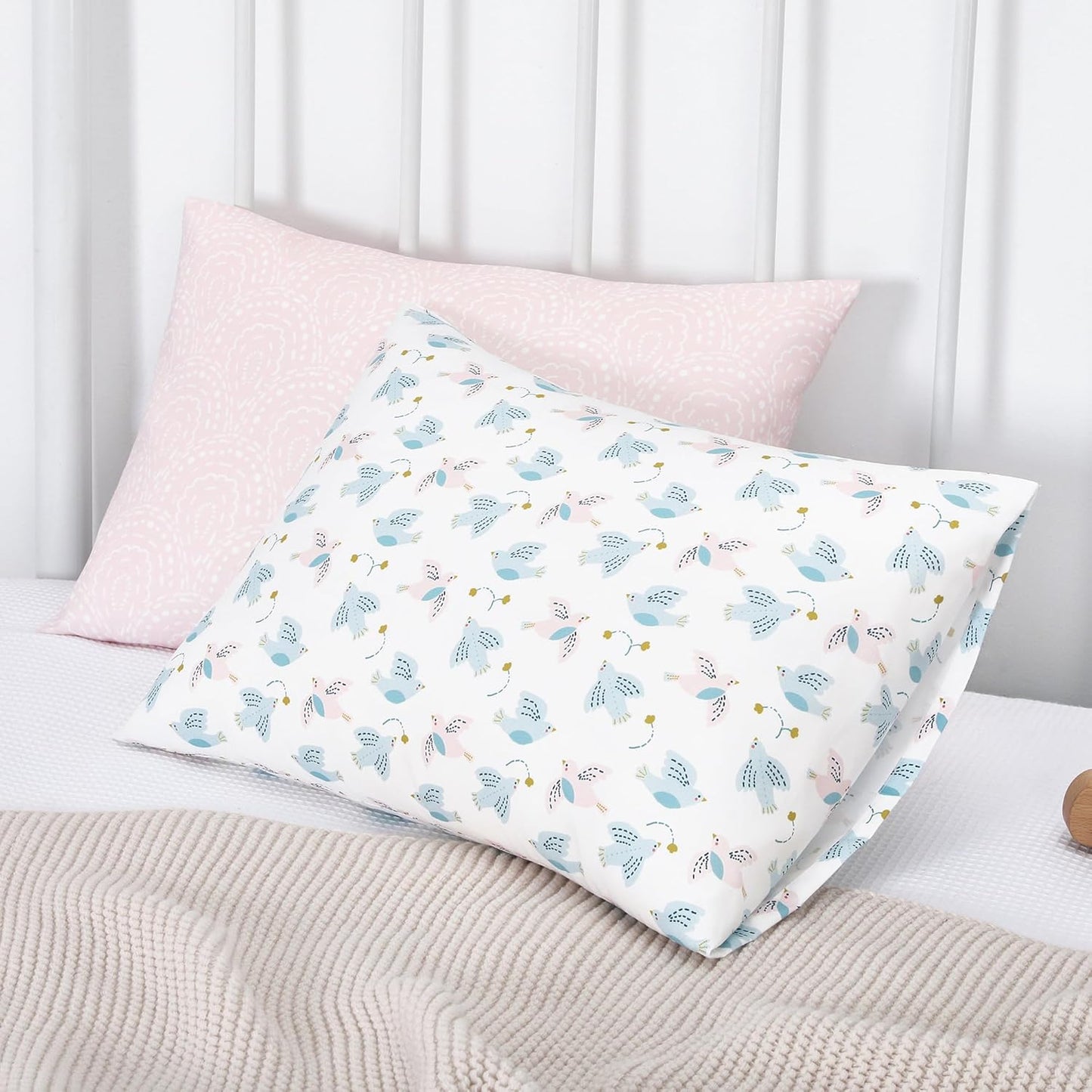 TILLYOU Toddler Pillowcase 2 Pack with Envelope Closure,13" x 18" Silky Soft Microfiber Travel Kids Pillowcase for Boys and Girls, Lucky Pony Peace Dove&Big Pink Flower