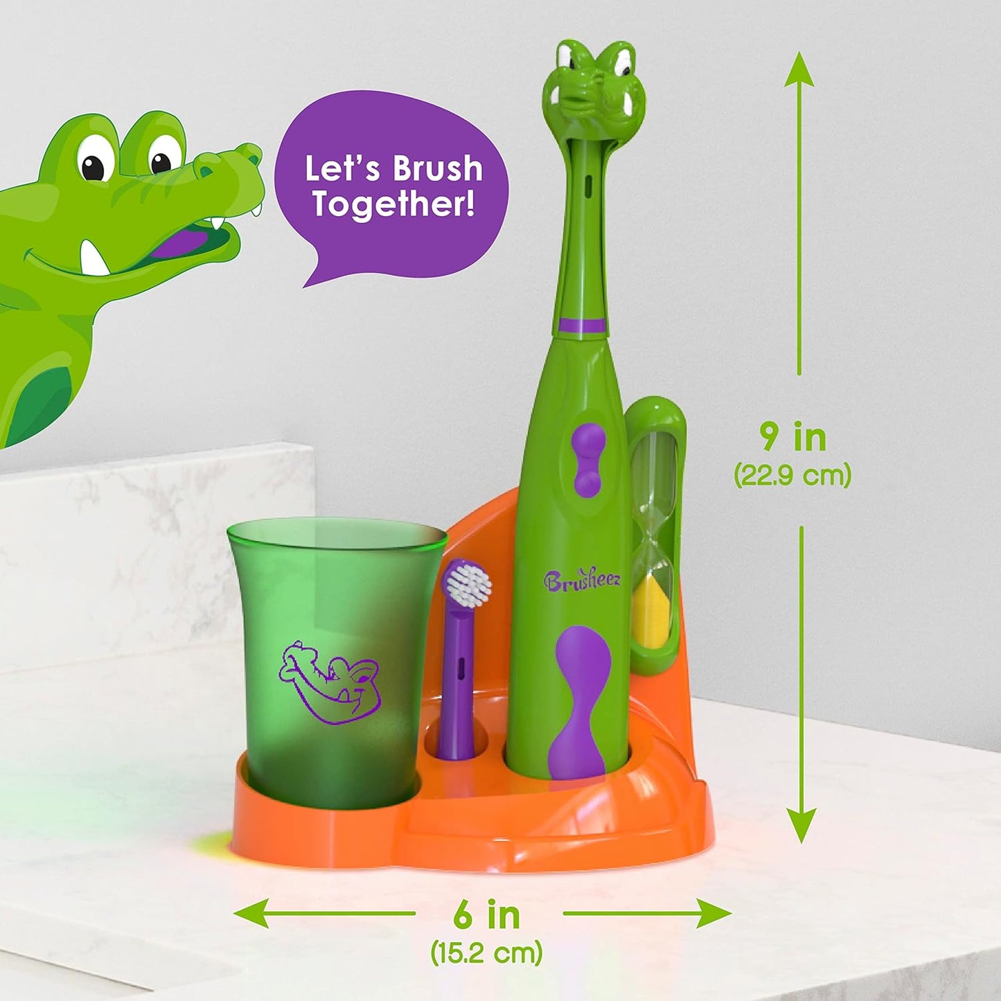 Brusheez Kids’ Electric Toothbrush Set - Safe & Effective for Ages 3+ - Parent Tested & Approved with Gentle Bristles, 2 Brush Heads, Rinse Cup, 2-Minute Timer, & Storage Base (Snappy The Croc)