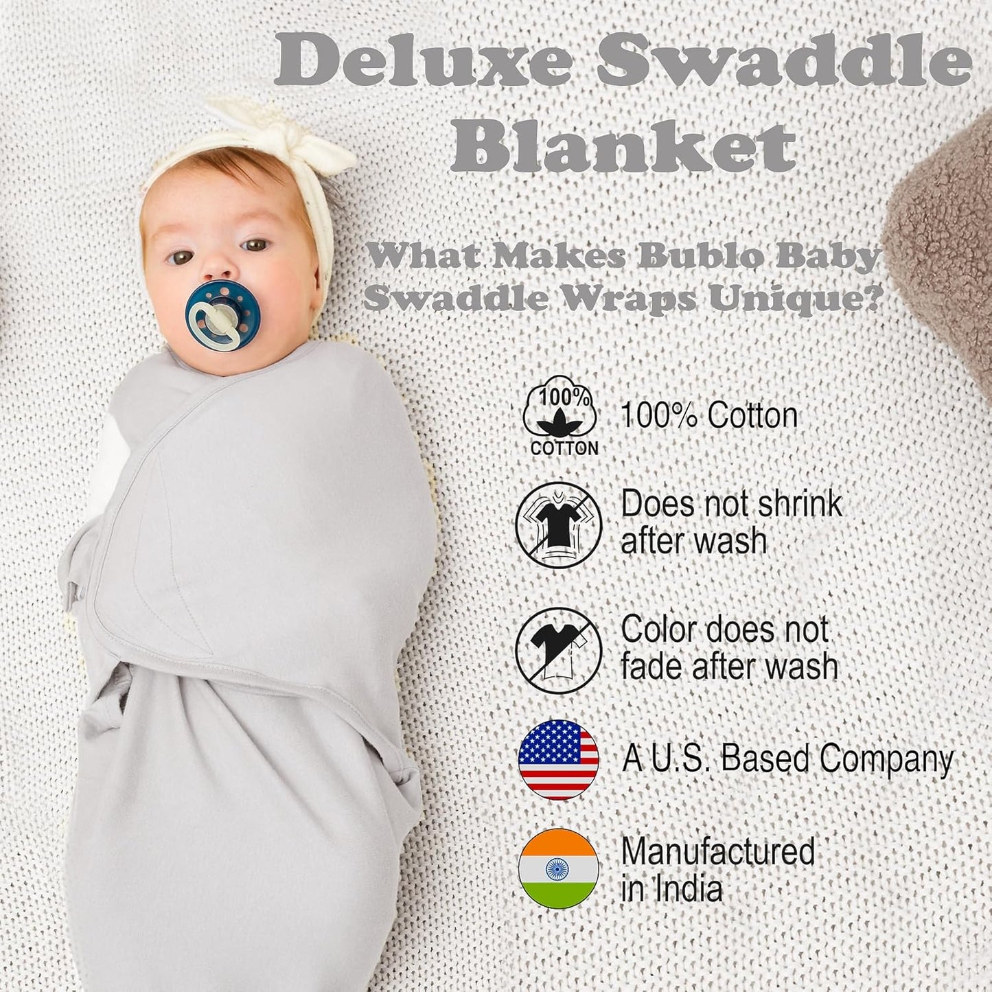 Bublo Baby Swaddles for Newborns - 3 Pack Baby Swaddles for 0-3 Months - Baby Swaddle Sleep Sack - Infant Sleeping Swaddle Sack - Adjustable Swaddle Blanket Wrap Boy Girl (Pastel Grey-White Solid)