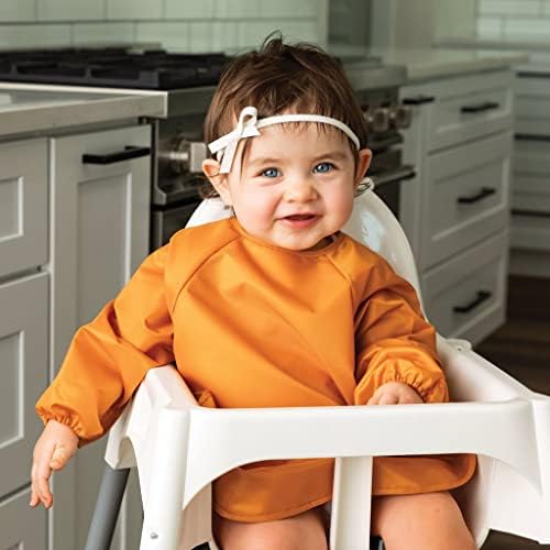 Tiny Twinkle Mess Proof Baby Bibs, 2pk Waterproof Smock Baby Bibs for Eating, Machine Washable Long Sleeve Bibs, Baby Led Weaning, Toddler Bibs, BLW Supplies (Sand Cinnamon, Small 6-24 Months)