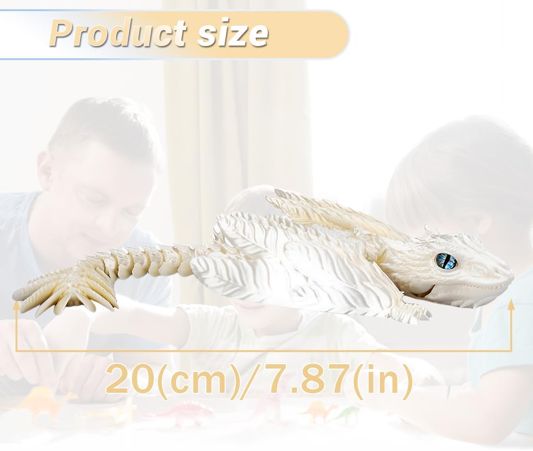 3D Printed Dragon with Wings 3D Printed Animals Articulated Dragon Fidget Dragon 3D Printed Toys Dragon Toy Desk Pets Home Office Decor (White)