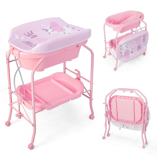 HONEY JOY Baby Changing Table with Bathtub, Foldable Infant Diaper Changing Station with Wheels, Storage Tray, Waterproof Pad, Portable Newborn Nursery Organizer Bath Stand for Boys Girls (Pink)