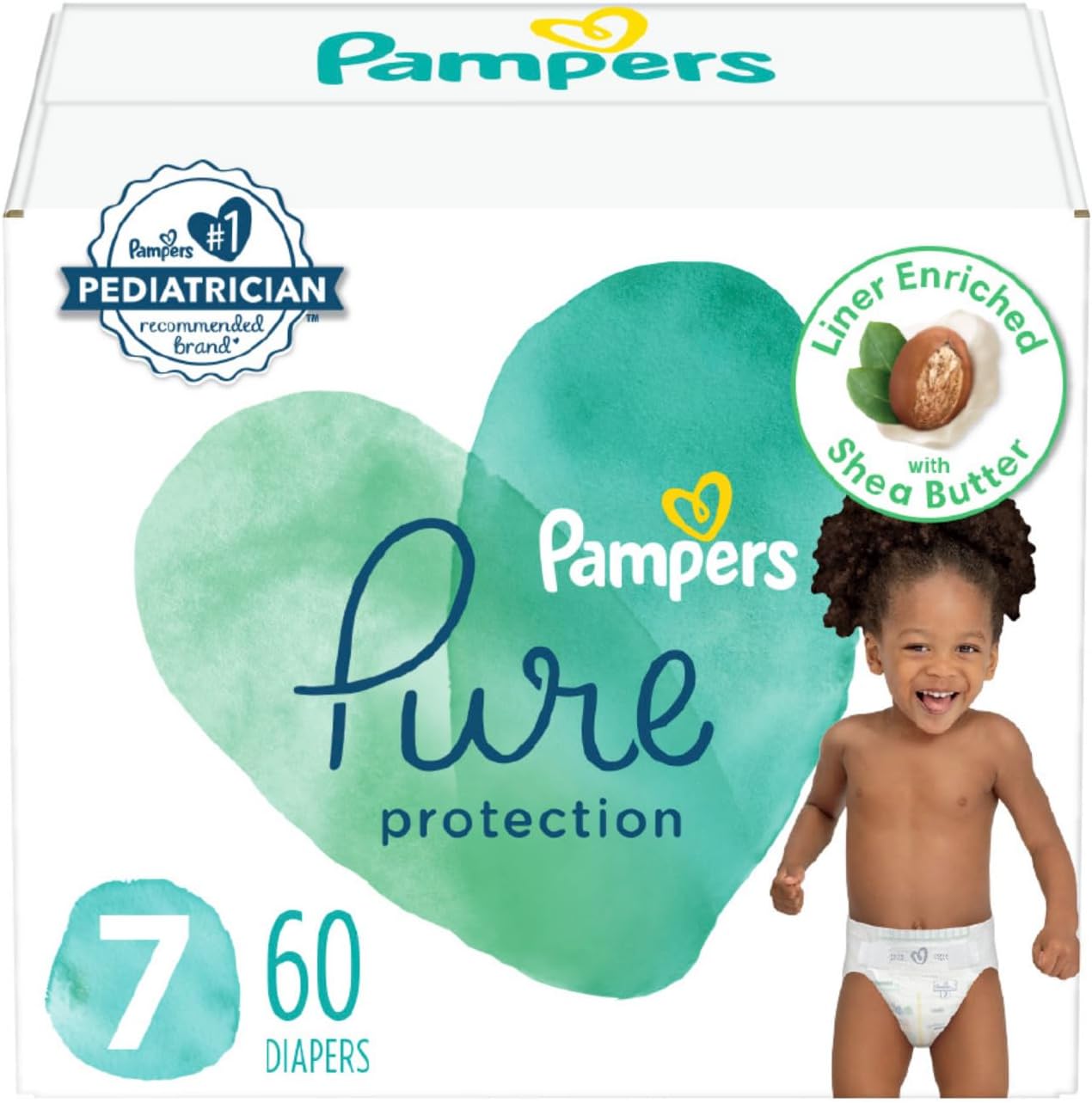 Pampers Baby Diapers - Pure Protection - Size 7, 60 Count, for up to 100% Leakproof, Premium Plant-based Skin Protection