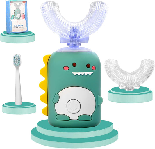 Kids U Shaped Electric Toothbrush for Age 2-12, Rechargeable Toddler Toothbrush with Smart Timer & 3 Clean Modes, Dinosaur Design, IPX7 Waterproof, 3 Brush Heads & 360°Cleaning