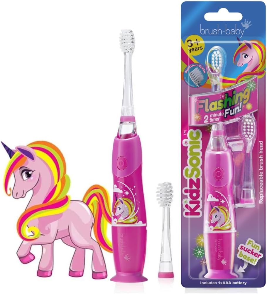 Brush-Baby - KidzSonic Unicorn Kids Electric Toothbrush, Ages 3+ Years - DeepClean Bristles, Suction Base - Fun Design with Flashing Lights - 2 x Replacement Heads & 1 x AAA Battery