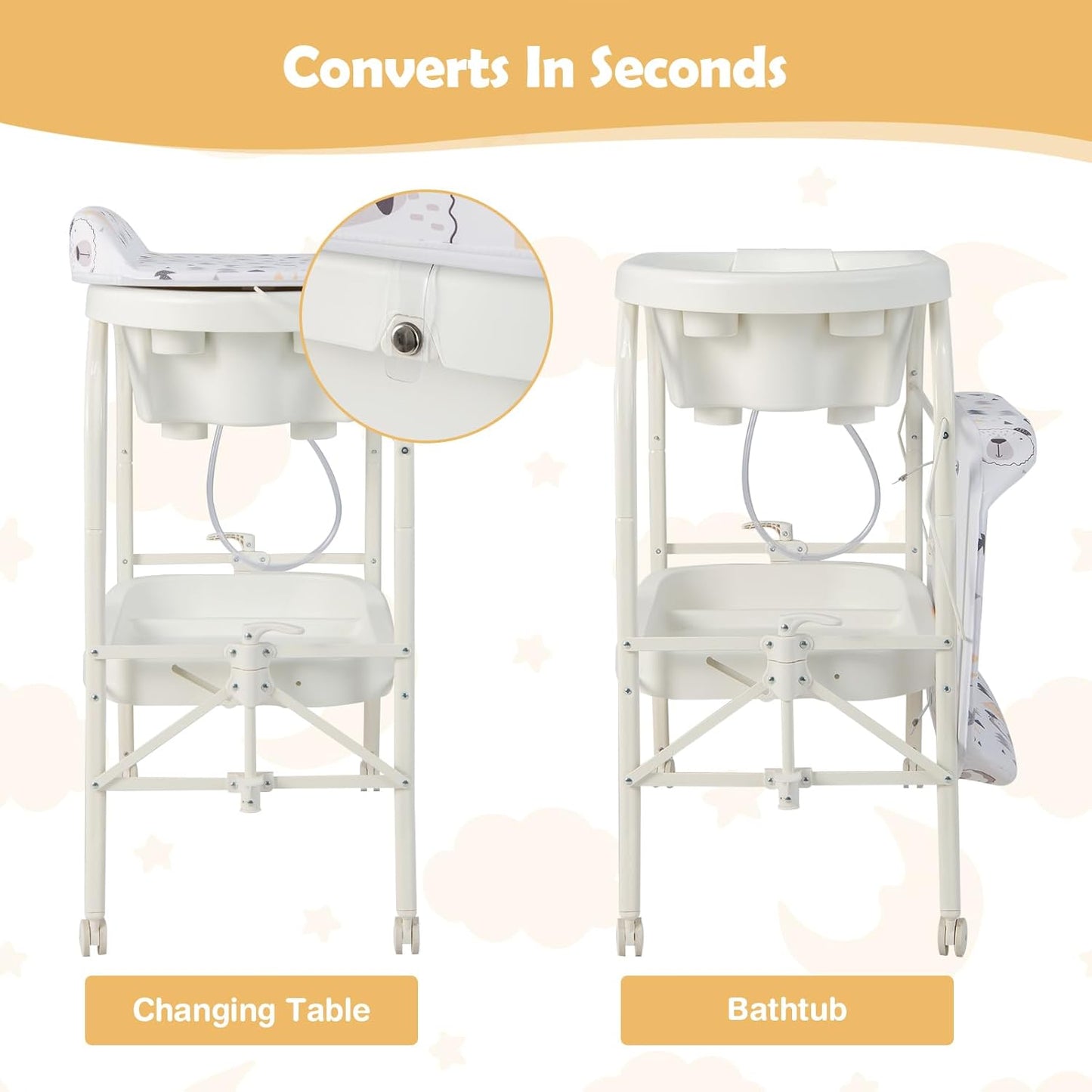 HONEY JOY Baby Changing Table with Bathtub, Foldable Infant Diaper Changing Station with Wheels, Storage Tray, Waterproof Pad, Portable Newborn Nursery Organizer Bath Stand for Boys Girls (White)