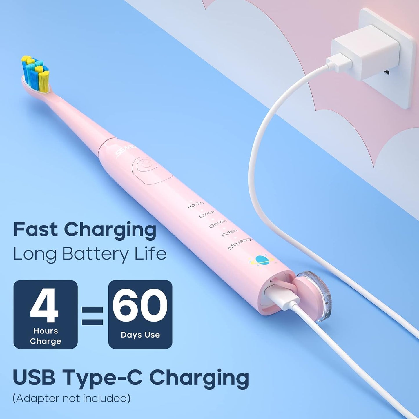 SEAGO Kids Electric Toothbrush, Sonic Soft Bristle Rechargeable Toothbrushes with DIY Stickers, 5 Modes, Includes 4 Replacement Brush Heads, Ages 3 to 12 Years Old (Pink)