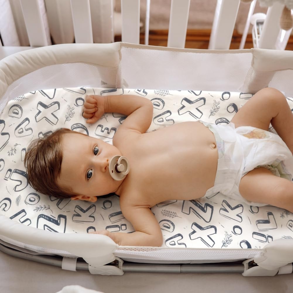4 Pack Breathable Bassinet Sheets for Baby Boys Neutral Unisex Soft Bassinet Fitted Sheets for Toddler Travel Bassinet (Letter)