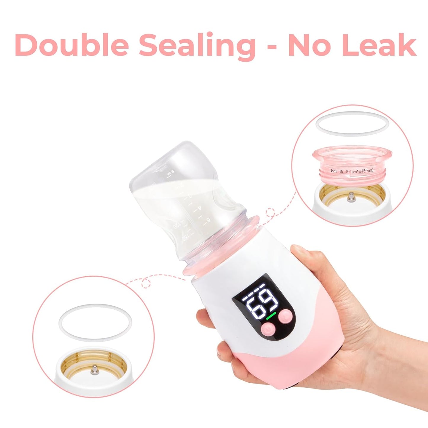 Portable Cordless Baby Bottle Warmer for Travel, Rechargeable with 8 Adapters & 1 Milk Powder Container, Safe Material, Fast Heating, Compatible with Major Brands,Pink