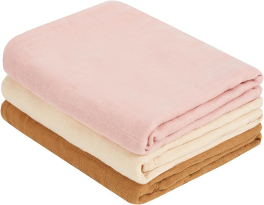 Muslin Swaddle Blankets, Nursery Receiving Blanket for Newborn, Baby Swaddle Wrap Soft Silky & Breathable, 3 Packs, 47 X 47In (Pink & Coffee 3 Pieces)