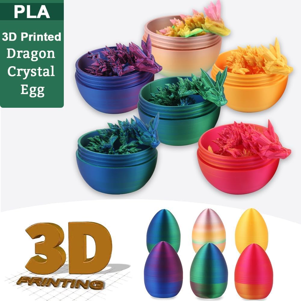 3D Printed Dragon Egg, 3D Dragon Eggs with Dragon Inside, Articulated Crystal Dragon Fidget Toy for Autism/ADHD, Home Decor Executive Desk Dragon Toys for Kids Adults (Red Blue Green)