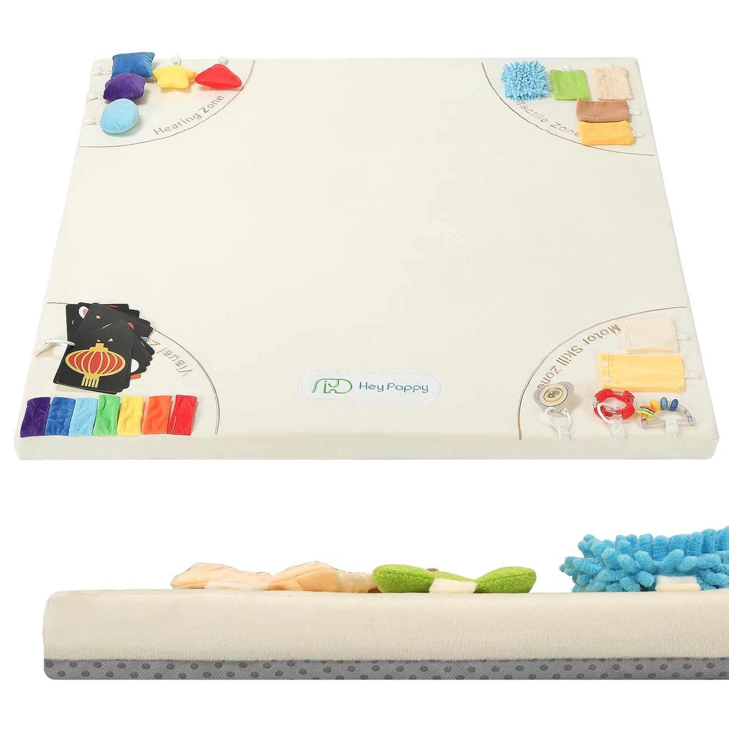 Baby Play Mat, Unique Crawling Mats with 4 Sensory Development Zones for Motor Skills, 50''x50'' Playpen Mats with Non-Slip Cushioned that Fits Nicely Into Any Playroom, Beige