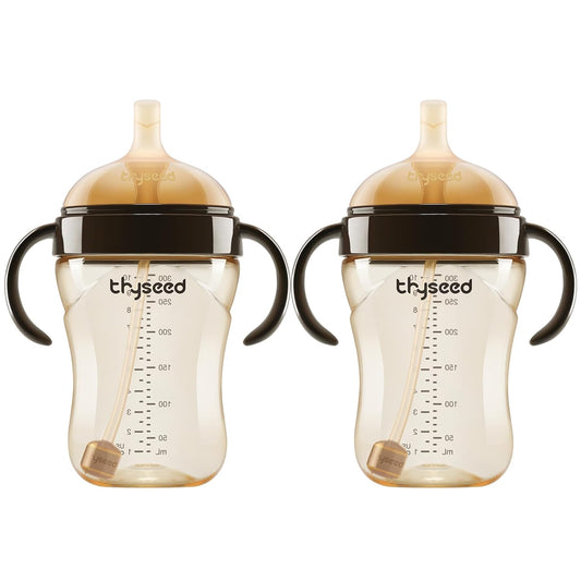 PPSU Weighted Straw Cup with Handles Toddlers Transition Bottles to Sippy Cups No Spill Learner Milk Water Baby Bottle Soft Silicone Spout Dishwasher Safe BPA Free 6+ Months 10oz/300mL 2 Pack