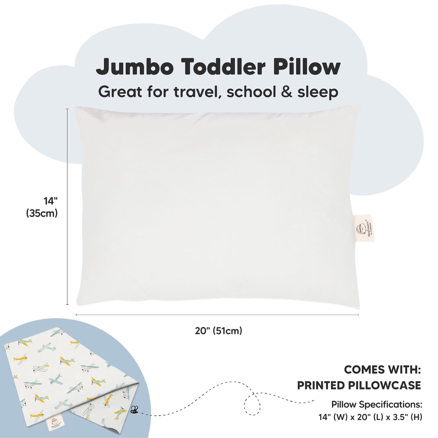 KeaBabies Toddler Pillow with Pillowcase, Jumbo 14X20 - Soft Organic Cotton Toddler Pillows for Sleeping - Machine Washable - Perfect for Travel, Toddler Bed Set (Plane)
