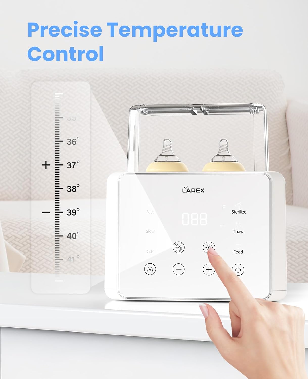 LAREX Double Bottle Warmer, 11-in-1 Fast Baby Bottle Warmer for Breastmilk and Formula, with Timer, Fits 2 Bottles, Accurate Temp Control, Milk Warmer with Thaw, Steri-lizing, Keep Warm, Heat Food