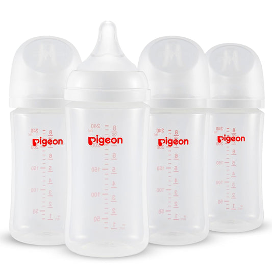 Pigeon PP Nursing Bottle Wide Neck, Anti-Colic, Streamlined Body, Natural Feel, Easy to Clean, 8.1 Oz(Pack of 4), Includes 4pcs M Nipples (3m+)