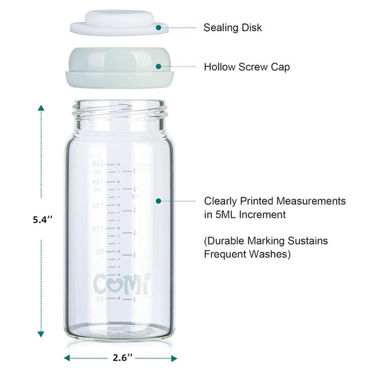 COMI Wide Neck Glass Breastmilk Collection n Storage Bottle, 8oz with Screw Ring Sealing Disk; Re-markable Sealing Disc. BPA Free, Fits Breast Pumps & Nipples (2 Gray Lids)