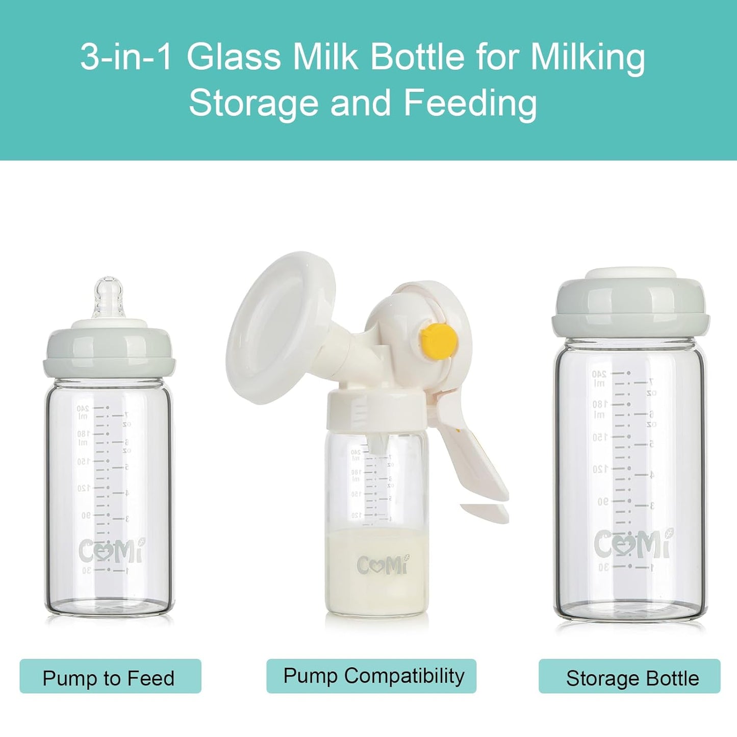COMI Wide Neck Glass Breastmilk Collection n Storage Bottle, 6 Packs, 8oz with Screw Ring Sealing Disk; Re-markable Sealing Disc. BPA Free, Fits Breast Pumps & Nipples (3 Gray Lids + 3 Pink Lids)