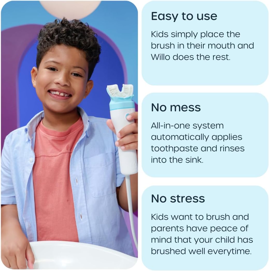 Willo Fully Automatic Kids U-Shaped Electric Toothbrush - 2 Brushing Timers, Deep-Cleans, Consistent Results, Eliminates Brushing Mistakes - Berry Splash (Medium - Kids Ages 8-11 Years)