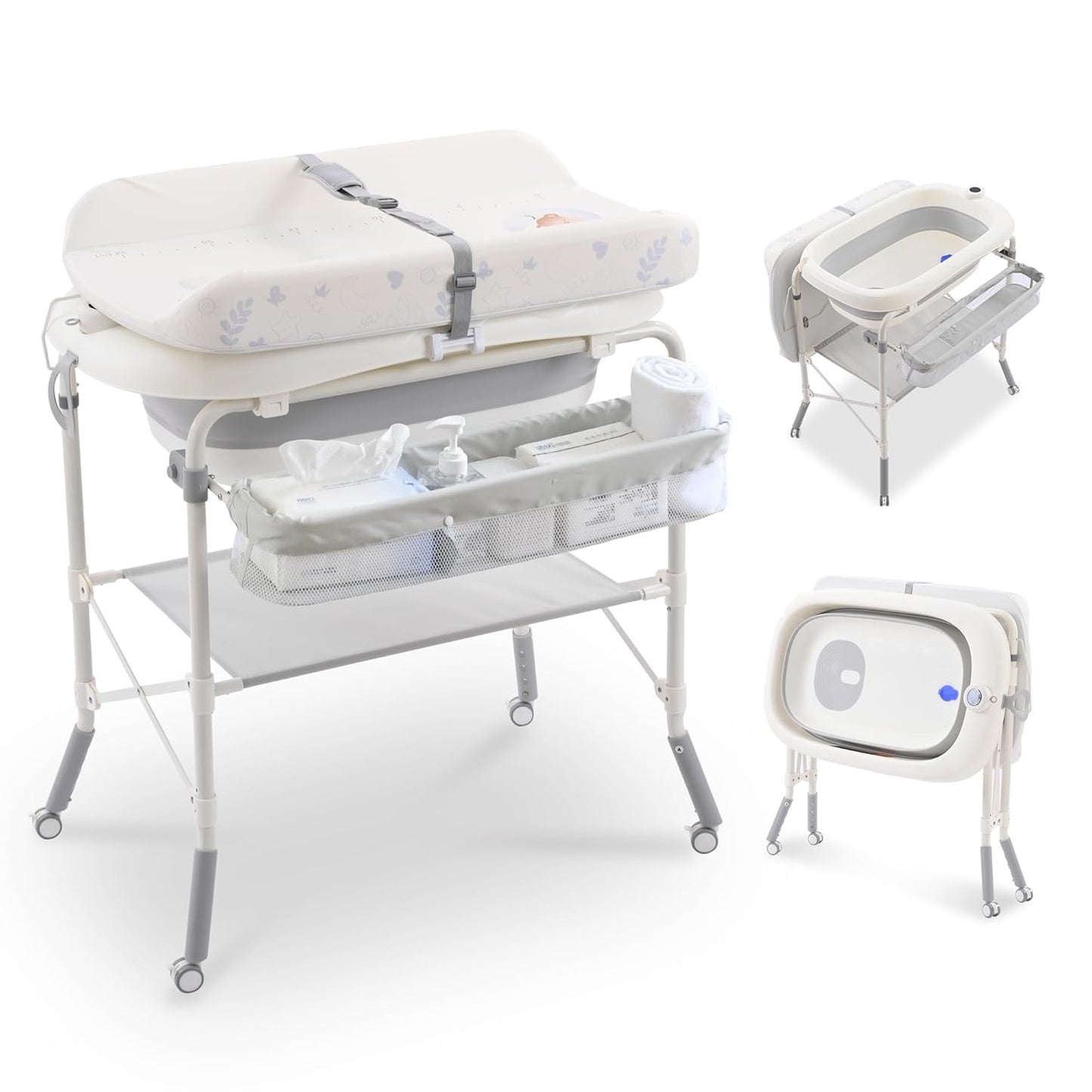 2-in-1 Baby Bathtub with Changing Table, Foldable Diaper Changing Station with 4 Wheels, Waterproof Pad, Storage Rack and Baby Bath Tub, Adjustable Height Portable Nursery Organizer for Newborn Infant