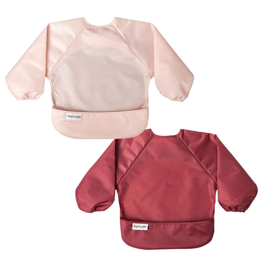 Tiny Twinkle Mess Proof Baby Bibs, 2pk Waterproof Smock Baby Bibs for Eating, Machine Washable Long Sleeve Bibs, Baby Led Weaning, Toddler Bibs, BLW Supplies (Rose Burgundy, Small 6-24 Months)