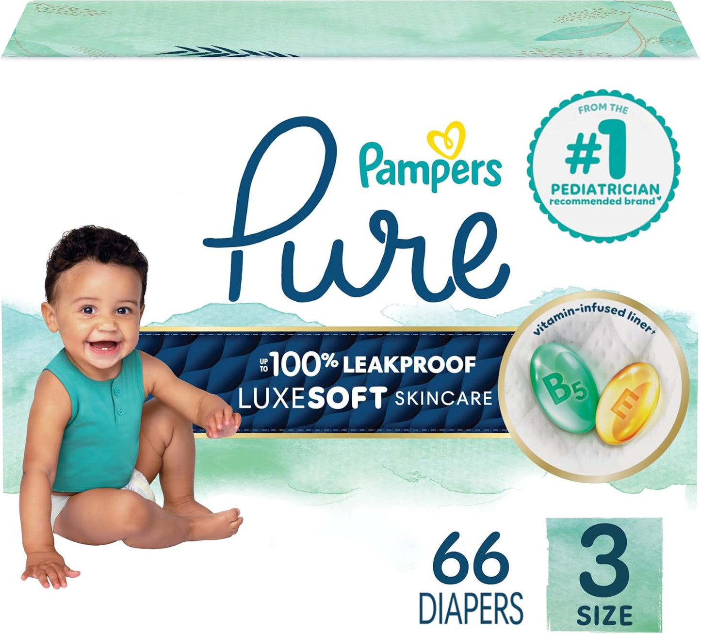Pampers Pure Protection Baby Diapers, Size 3 (16-28 lbs), 66 Count, Up to 100% Leakproof, Premium Plant-based Skin Protection, Hypoallergenic Soft Diapers