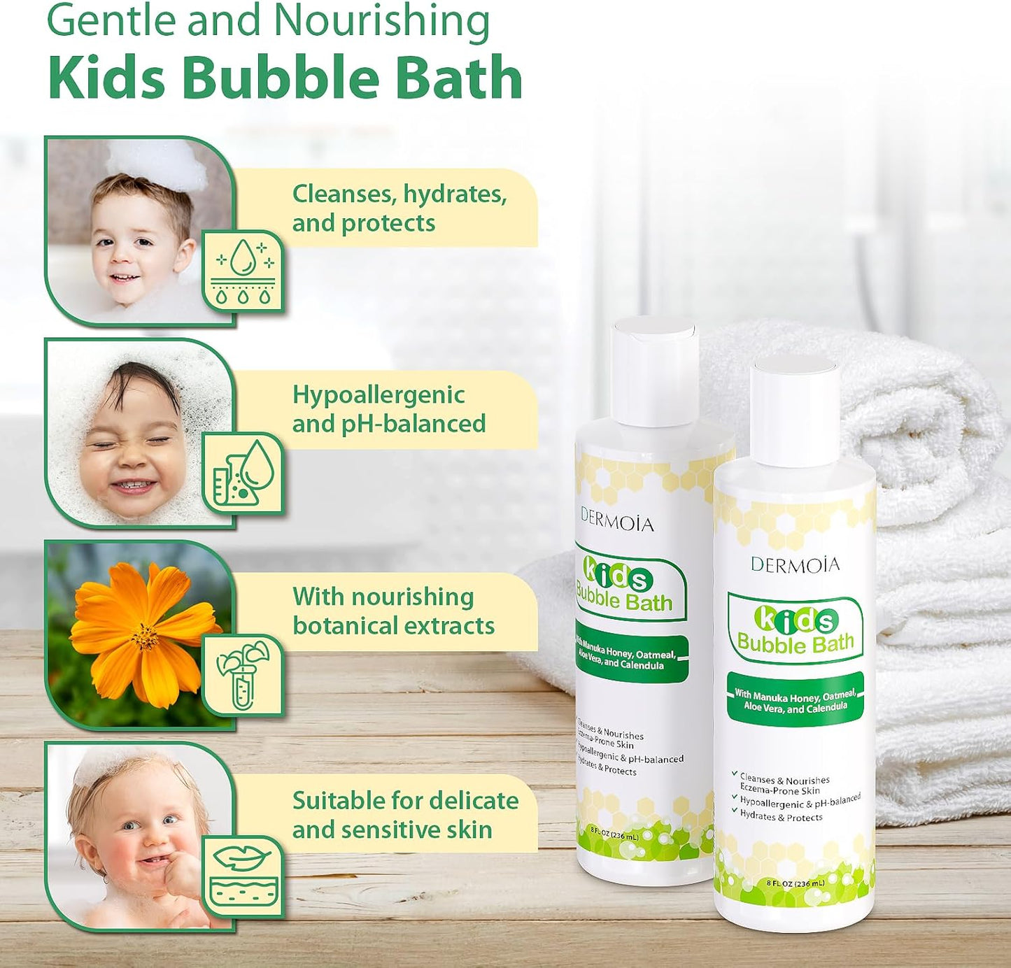 Kids Bubble Bath for Sensitive Skin & Eczema Relief - Baby Bubble Bath with Manuka Honey, Aloe Vera, Colloidal Oatmeal and Calendula - Kids Soap with Botanical Extracts for Sensitive Skin