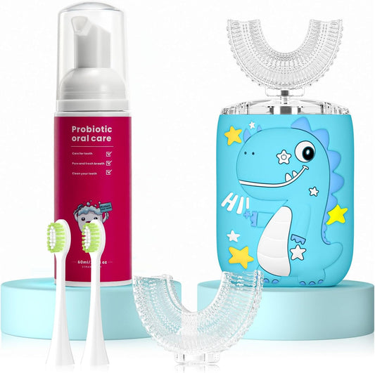 Kids Electric U Shaped Toothbrush,Kids Sonic Full Mouth Toothbrush with 4 Soft Brush Head Automatic Rechargeable 6 Cleaning Modes IPX7 Waterproof 360 Degree Cleaning - Age8-15 Blue