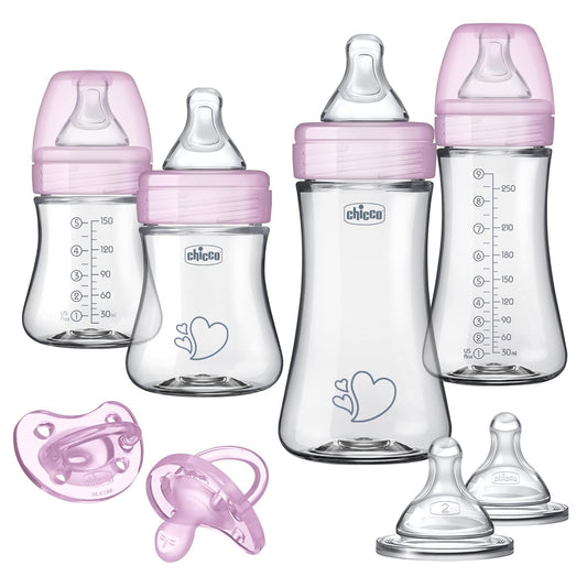Chicco Duo Newborn Hybrid Baby Bottle Starter Gift Set with Invinci-Glass Inside and Plastic Outside | Dishwasher, Bottle Warmer, and Electric Sterilizer Safe | Intui-Latch Nipple | Clear/Pink