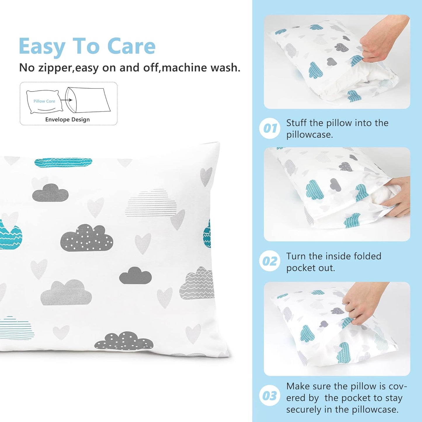 TILLYOU Toddler Pillowcase 2 Pack with Envelope Closure,Silky Soft Microfiber 13" x 18" Kids Travel Pillow Cases,Blue Clouds & Blue Stars