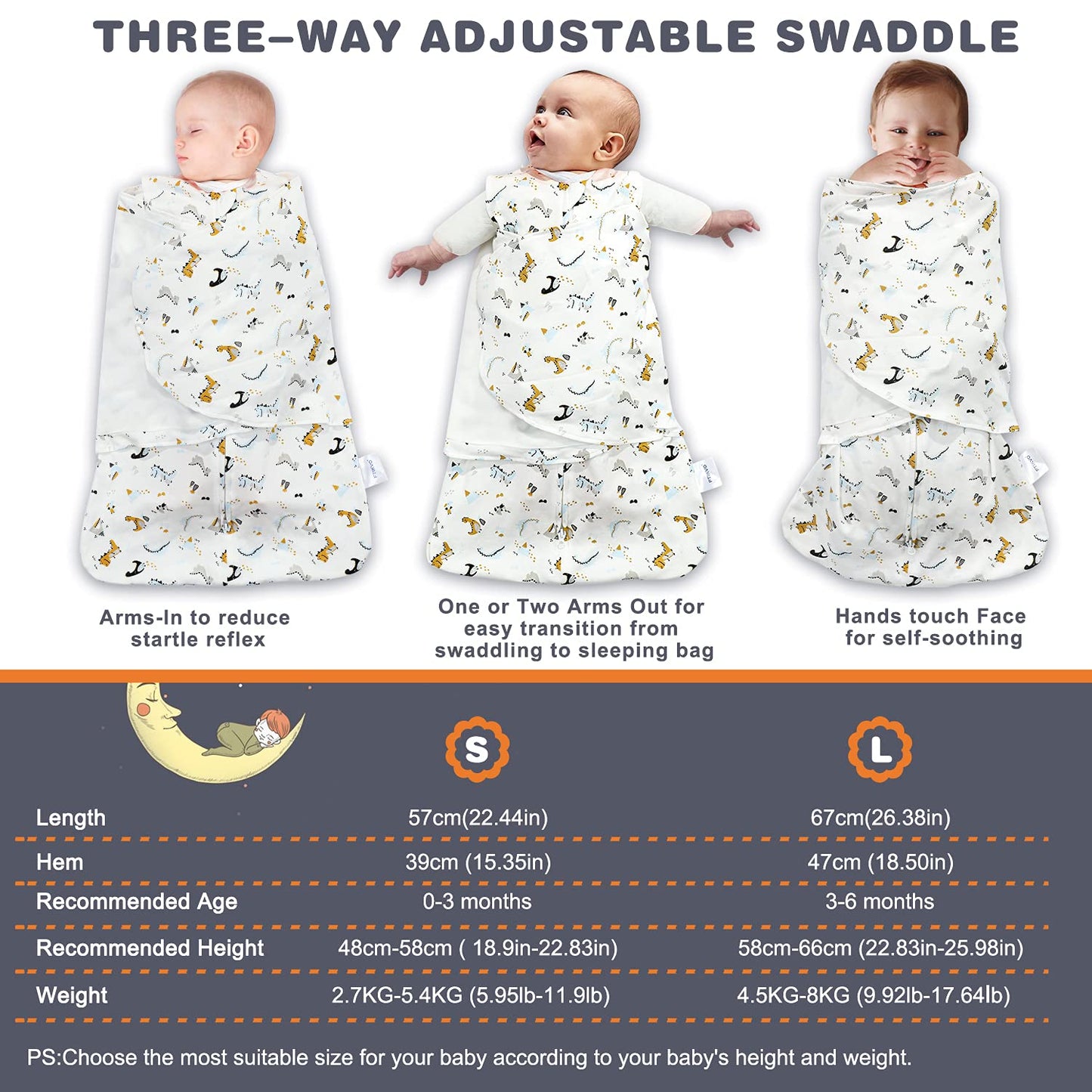 Swaddle-Blanket Baby Girl & Boy Swaddles Newborn Infant Transition 100% Cotton Wrap Blankets, 3-Way Adjustable Wearable Blanket, TOG 1.0 (Dinosaur, Small, 0-3 Month)