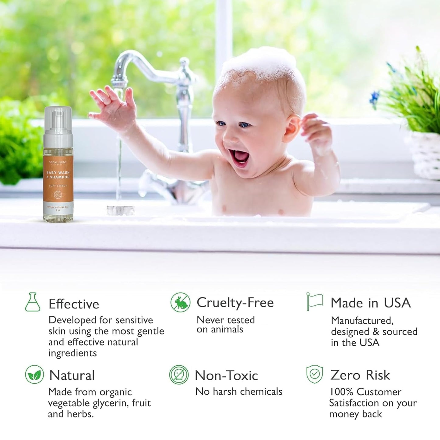 SoCal Suds & Company - 2-in-1 Organic Foaming Shampoo & Body Wash - Gentle Botanical Baby Wash for Sensitive Skin - Clean Natural Nourishing Soothing Castile Soap - Newborn Baby - Soft Citrus, 6oz