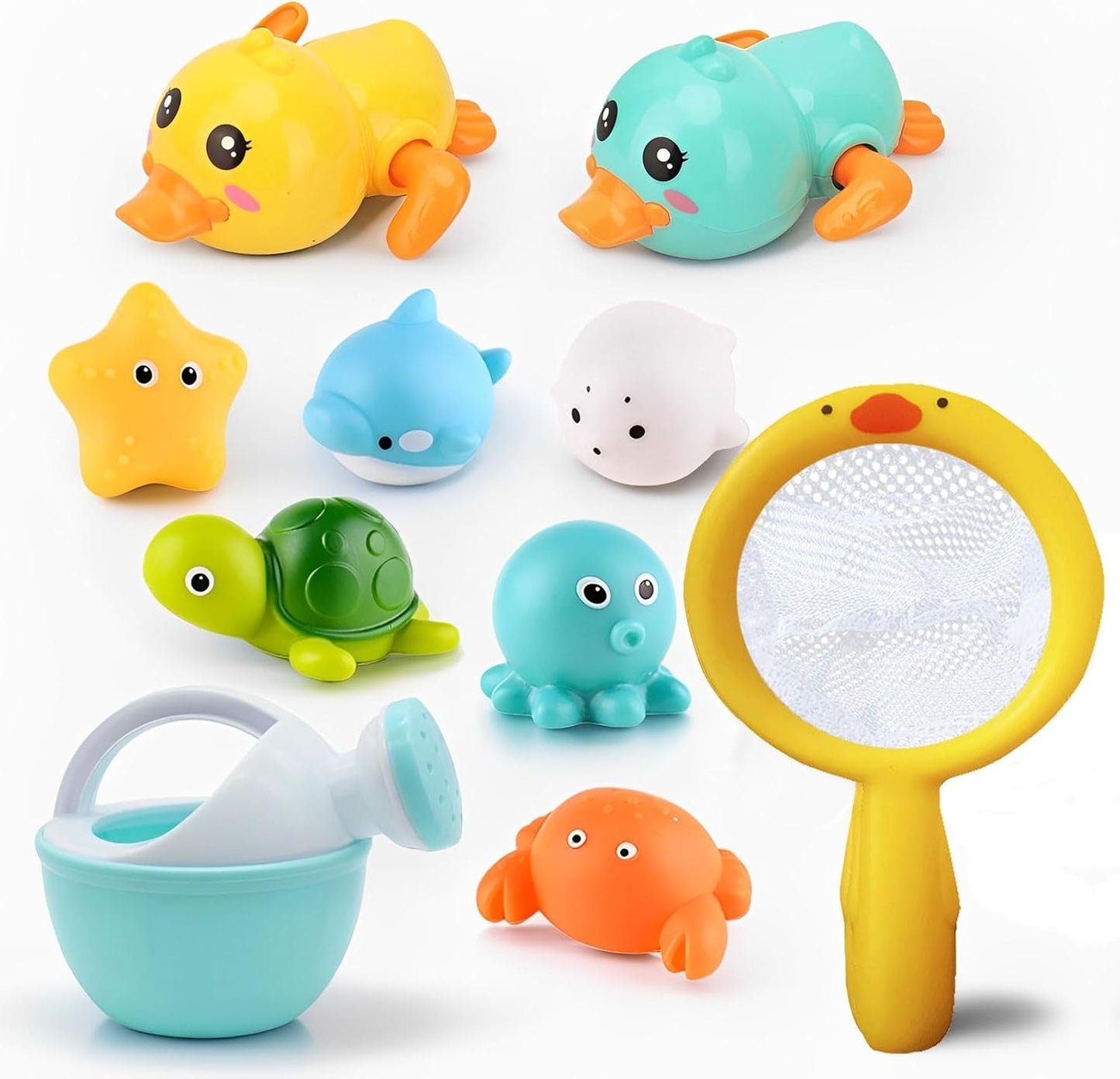 Bath Toys for Babies 6-12 Months+, Wind-up Ducks Bath Toys for Kids Ages 1-3, No Hole Ocean Animal Floating Pool Toys, Watering Can Fishing Net Water Toys for Toddlers