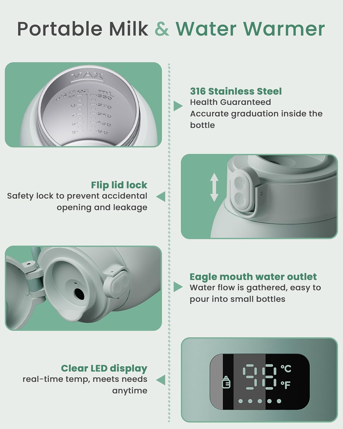 Extended Battery Life Portable Bottle Warmer - Dual Heating Modes for Breast Milk & Water, 17 Ounces, Fast Heating, Ideal for Travel, Outdoor, Baby Shower, Green