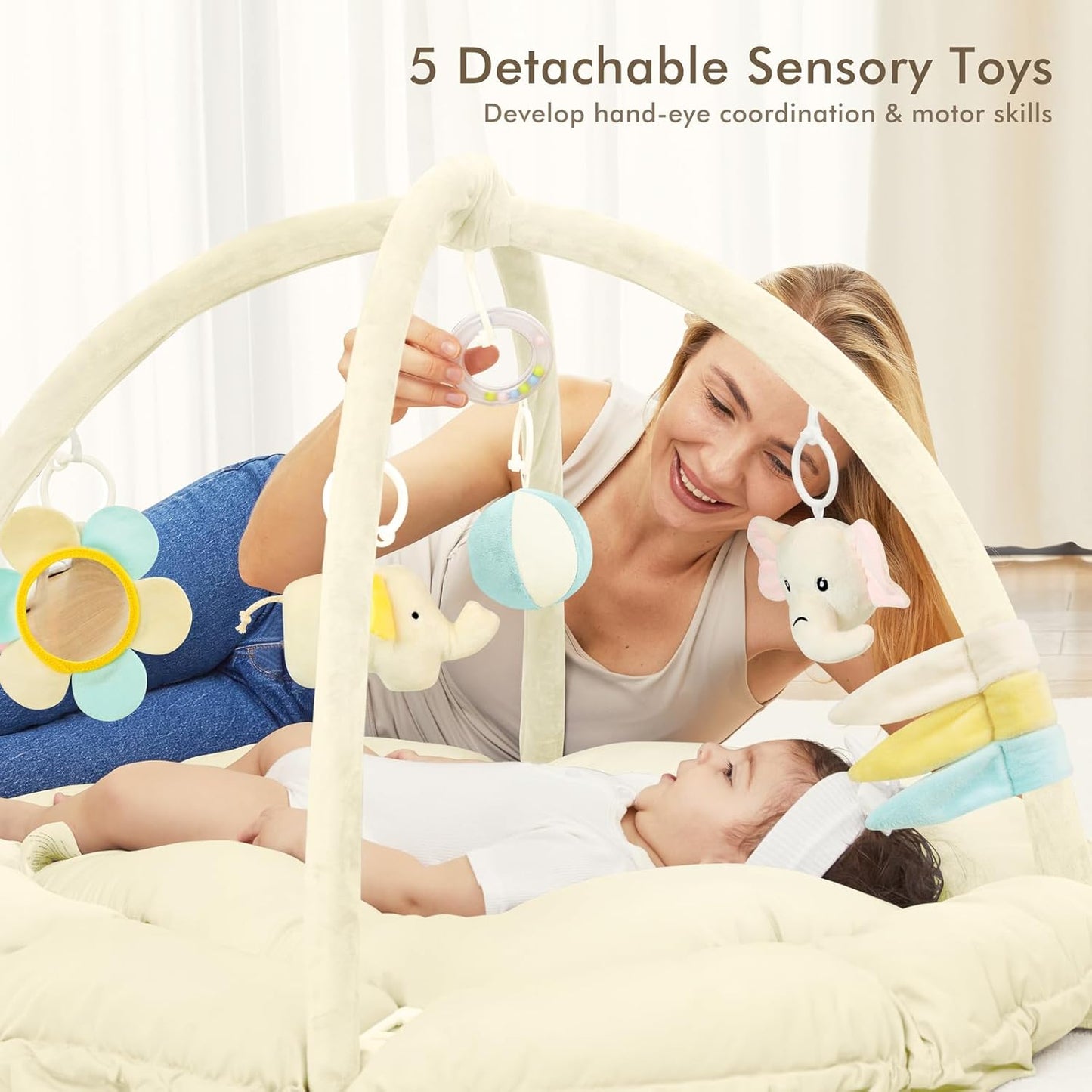 ANGELBLISS 5 in 1 Baby Play Gym Mat, Reversible Tummy Time Mat with 5 Sensory Toys for Stage-Based Developmental, Thick & Large Baby Activity Center from Newborn to Toddler (Beige)