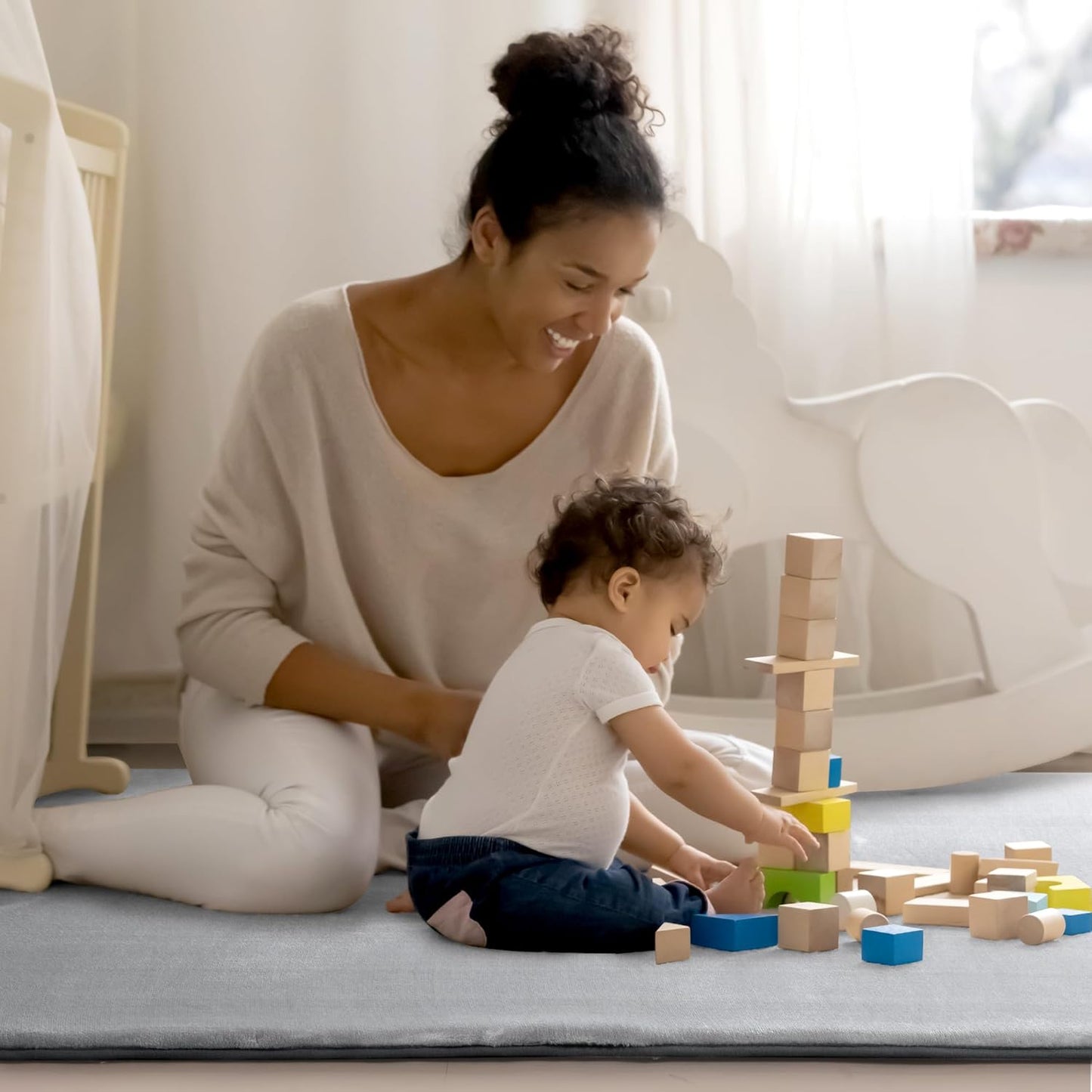 BALAPET Thick Memory Foam 50x50 Play Mat for Playpen, Super Soft Velvet Portable Baby Playpen Mat for Kids Toddler Crawling and Play, Non-Slip Bottom Playmat, Grey