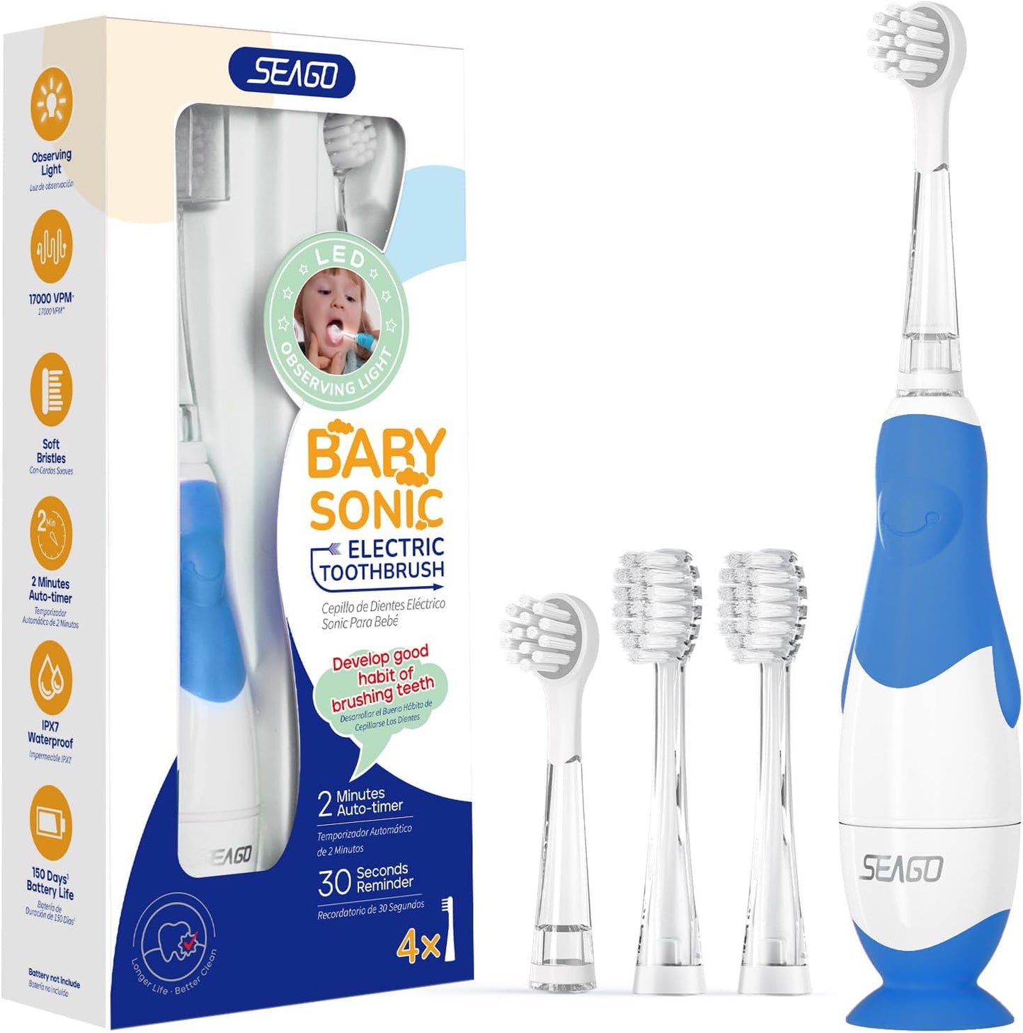 SEAGO Toddler Electric Toothbrushes for Baby Ages 0-3 Years, Baby Toothbrush with Smart Timer and Suction Base, 4 Replacement Brush Heads SG-513 (Navy-C)