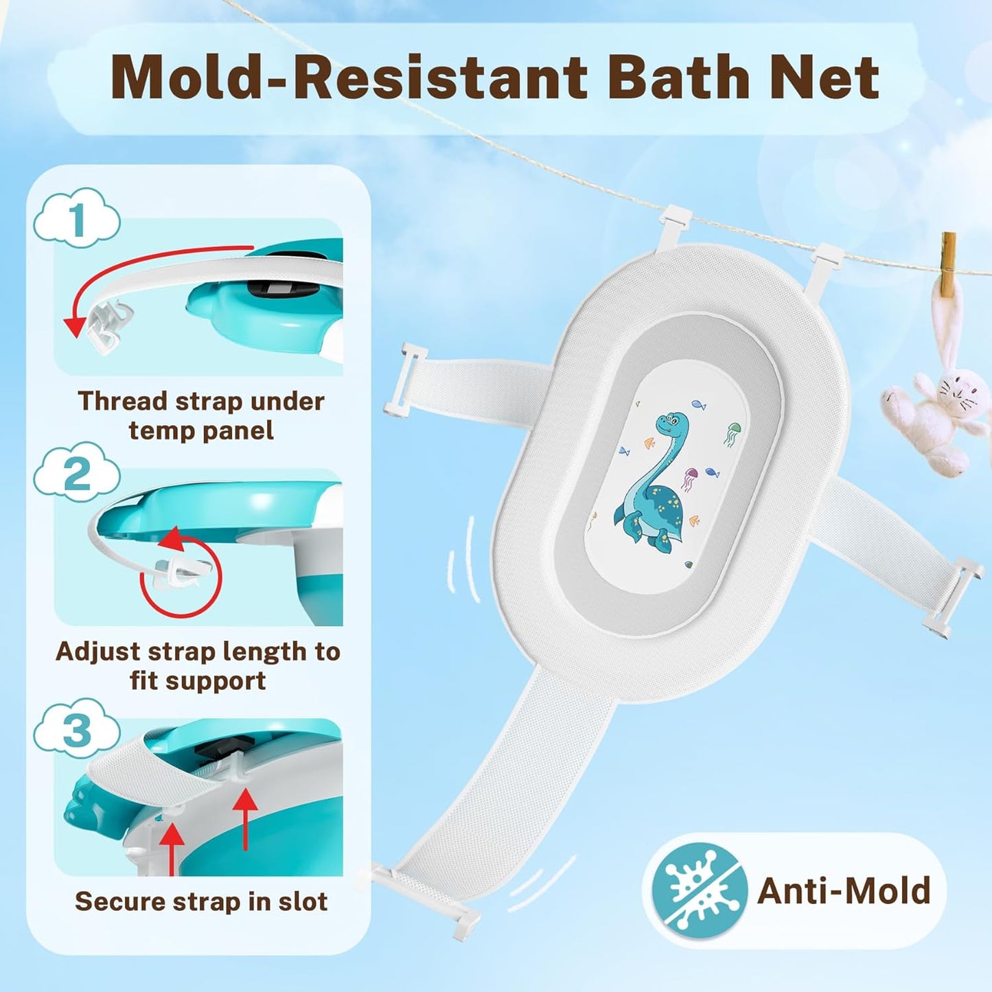 AVIDOR Baby Bathtub,Collapsible Bathtub for Newborn to Toddler,Durable Essential Infant Bath Tub,Portable Travel Baby Tub with Soft Bath Net,No-Slip Feet and Dinosaur Shaped (Light Blue)