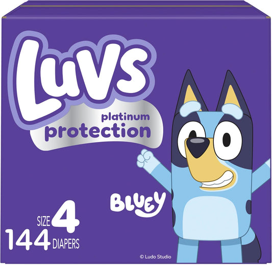 Luvs Size 4 Baby Diapers, Platinum Protection Bluey Diapers for Day & Night, Size 4, 144 Count (Packaging May Vary)