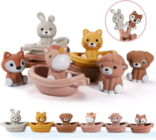 Nueplay Bathtub Toys for Toddlers 18M+，Baby Bath Toys with Animal Finger Puppets， Stackable Boat Train ，Gift for Baby & Toddlers Set of 12