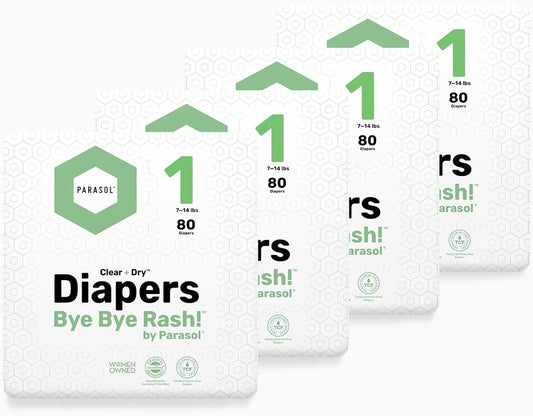 Parasol Clear+Dry Disposable Diapers, RashShield Protection and Leak-Control Fit, Hypoallergenic Diapers, Size 1 (7-14 lbs), 320 Count