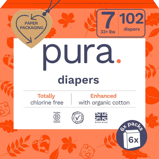 Pura Size 7 Eco-Friendly Diapers (33+lbs) Hypoallergenic, TCF, Soft Organic Cotton, Sustainable, up to 12 Hours Leak Protection, Allergy UK, Recyclable Paper Packaging, 6 Packs of 17 (102 Diapers)