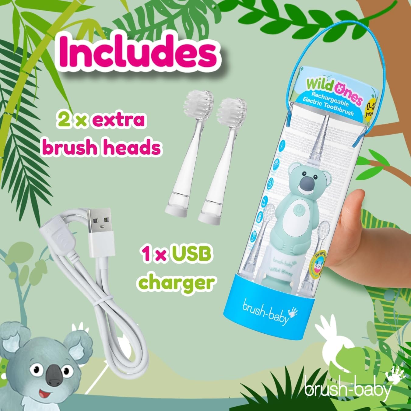 brush-baby WildOnes™ Rechargeable Kids Electric Toothbrush – Koala | Flashing Lights, 2-Min Timer, Waterproof, 3 Brush Heads | Toddler & Child Toothbrush Ages 0-10 | Soft Bristles