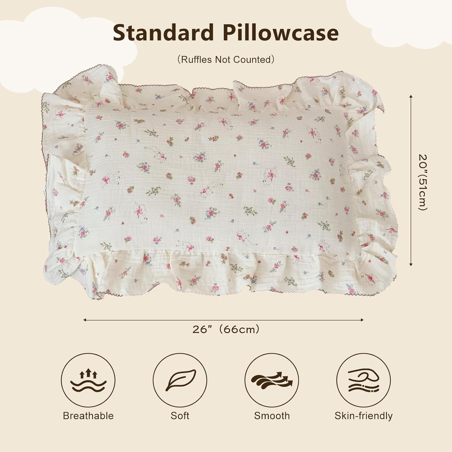 BuLuTu 100% Cotton Standard Pillow Case for Kids, 1 pc, 20"x26", Pink Floral Sheep Design Pillow Cover Muslin Gauze Pillow Protector for Children Girls Boys Bedding Gift, Envelope Closure
