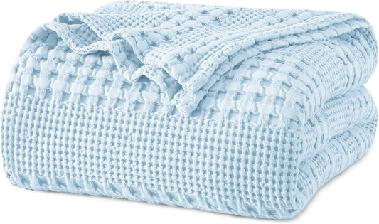 PHF 100% Cotton Waffle Weave Blanket Queen Size, Soft Lightweight Breathable Cozy Summer Blankets for Bed, Luxury Aesthetic Woven Bedding for Home Decor, 90"x90", Baby Blue