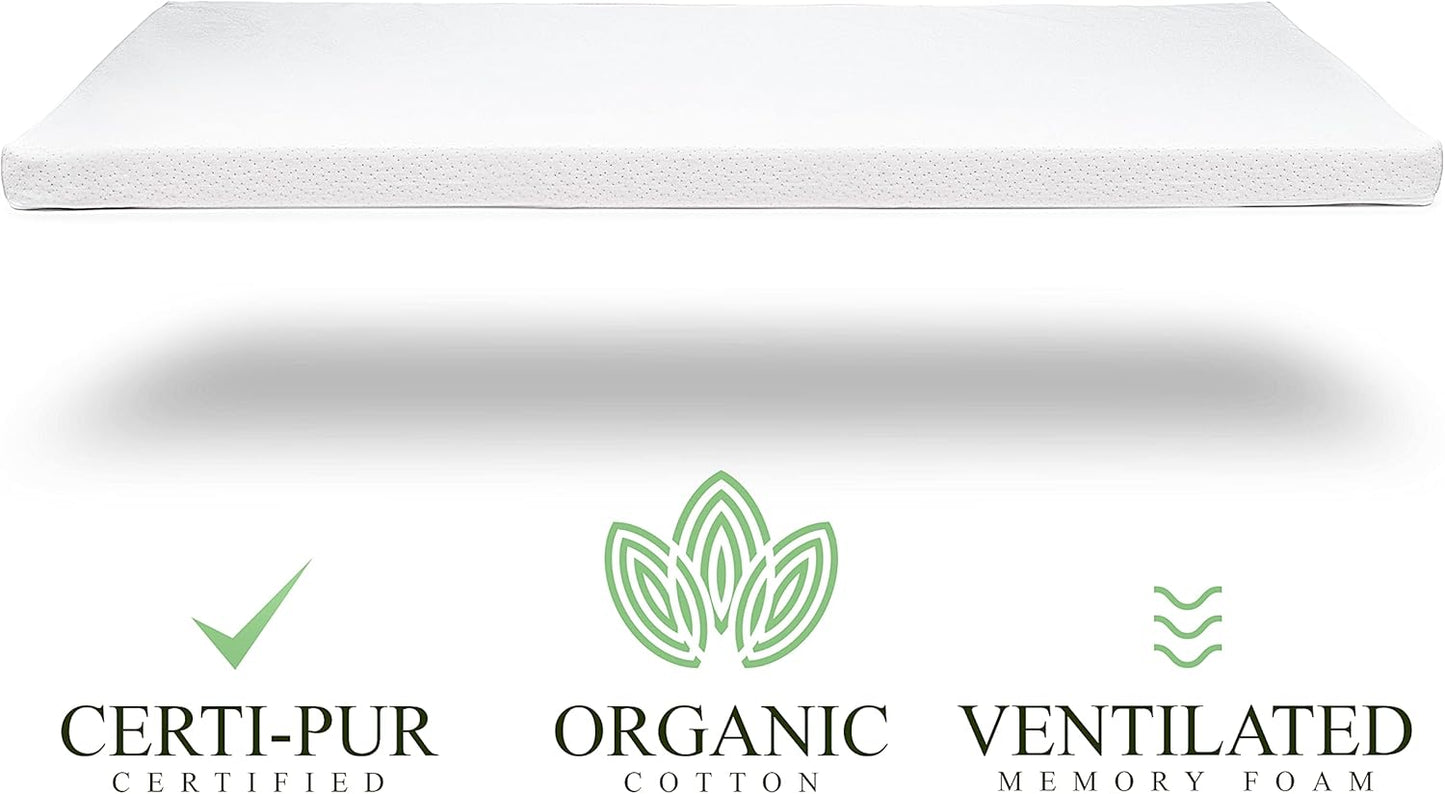 Organic Cotton Pack n Play Topper | CertiPUR-US Baby Mattress Pad for Portable Toddler Bed & Playard w/Washable Waterproof Cover, Soft Ventilated Foam Padding, Nonslip Bottom, Travel Strap | 41x29x1