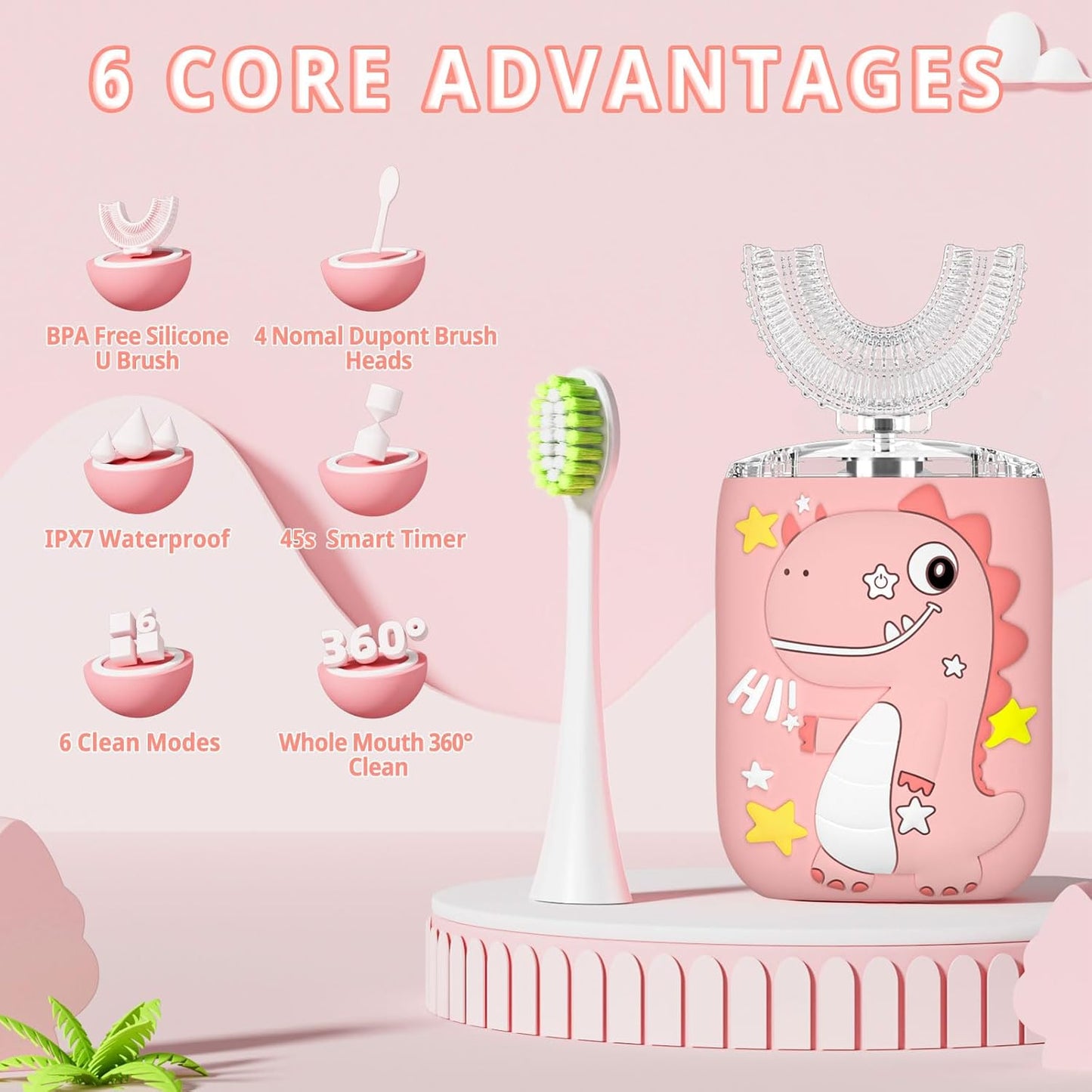 Kids Electric U Shaped Toothbrush,Kids Sonic Full Mouth Toothbrush with 4 Soft Brush Head Automatic Rechargeable 6 Cleaning Modes IPX7 Waterproof 360 Degree Cleaning - Age8-15 Pink